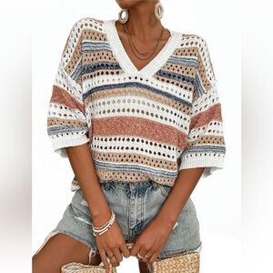 Boho Crochet Striped Sweater XL Coastal Vacation Knit Top